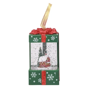 Christmas lantern gift box ornament with miniature snow house scene and red glitter bow