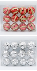 Detail of red gold striped and silver spiral 8cm Christmas balls with glitter finish