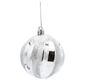 Detail of 8cm silver Christmas ball with glossy and glitter spiral textured stripes