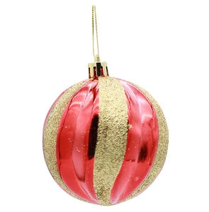 Close-up of 8cm red and gold spiral Christmas ball with glitter and metallic finish