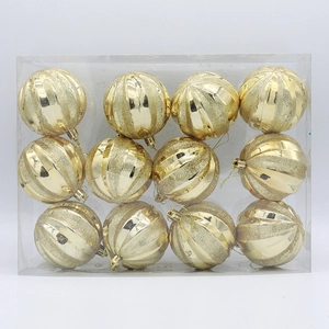 Set of 12 gold spiral Christmas ball ornaments 8cm in a clear storage box container