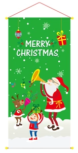 Detail of Merry Christmas banner with Santa Claus, reindeer illustrations and red hanging rope