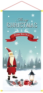 Detailed Christmas hanging banner with Santa Claus and festive winter scenery on blue background