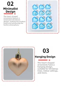 Detail of hanging heart-shaped Christmas ornaments in blue and rose gold finishes