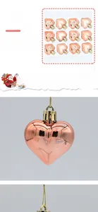 Detail view of 12 rose gold heart ornaments for Christmas tree with metallic finish