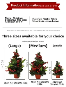 Detailed size chart for mini Christmas trees with red plaid bows in three height options