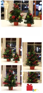 Mini Christmas tree set with red plaid bows, pine cones and berries in woven pots