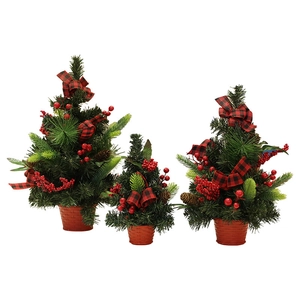 Three-piece mini Christmas tree set with red bows, berries and pine cones in red pots