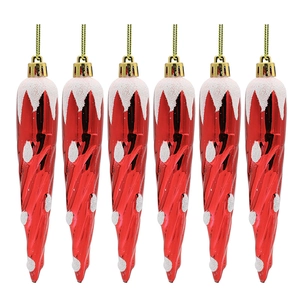 Lot de 6 ornements de Noël stalactites rouges avec paillettes blanches et cordons dorés