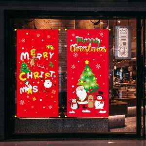 Red Merry Christmas hanging banners with Santa Claus and Reindeer for store window decor
