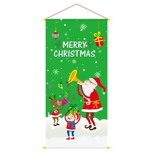 Green Merry Christmas banner featuring Santa and reindeer with hanging pole for wall decor