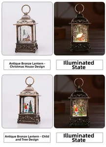 Vintage bronzen kerstlantaarn met lichtgevend sneeuwbol-effect en kerstman-scène