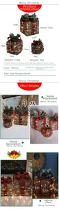 Three rattan Christmas gift boxes with LED lights, pine needles, and plaid bows in 10-17cm