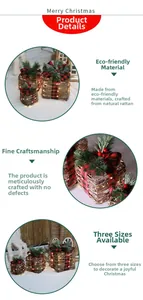Close-up of three natural rattan Christmas gift boxes with berries and LED lights