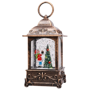 Vintage bronze Christmas lantern ornament with Santa Claus and sparkling snow scenes