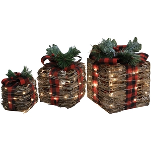 Three-piece glowing Christmas gift box set made of natural rattan with LED warm lights