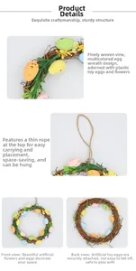 Detail of Easter wreath featuring colorful foam eggs and yellow flowers on brown rattan