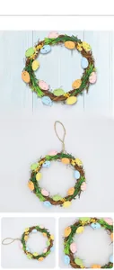 Detail of Easter wreath with colorful foam eggs and artificial flowers on rattan base