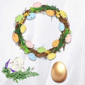 Easter grapevine wreath featuring colorful speckled foam eggs and green foliage decoration