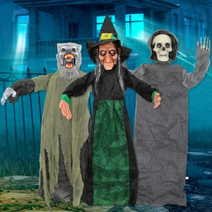 Animated Hanging Halloween Props Skeleton Werewolf Witch With Voice Activation Light Sound Effects For Haunted House Decor