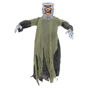 Scary animated werewolf Halloween hanging prop with glowing mouth and grey faux fur