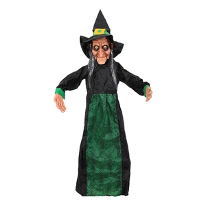 Hanging Halloween witch prop with green spiderweb dress and realistic wrinkled face