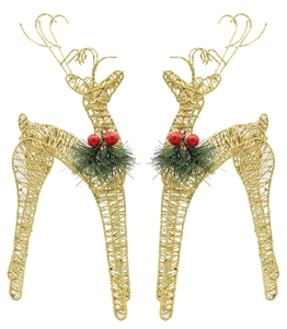 Detail von Weihnachts-Rentier-Set aus Eisen mit Goldglitzer, Tannennadeln und Beeren