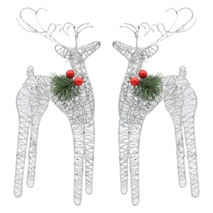 Weihnachtsrentier-Set aus Silberdraht mit roten Beeren und Tannennadeln Dekor