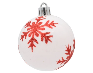 Detail of white Christmas ball ornament with red glitter snowflake pattern and silver cap