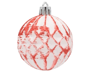 Detailed view of white Christmas ball with red glitter diamond mesh pattern and silver cap