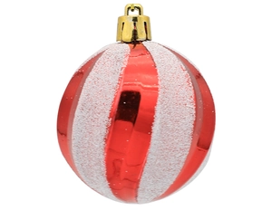 Detailed view of red and white striped Christmas ball with glitter and shiny finish