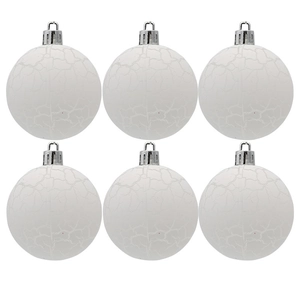 Set di sei palline di Natale bianche con texture a crepe e ganci color argento
