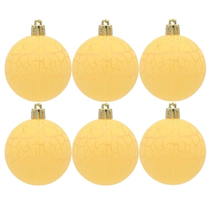 Set di 6 palline di Natale gialle con finitura crackle e ganci dorati su sfondo bianco