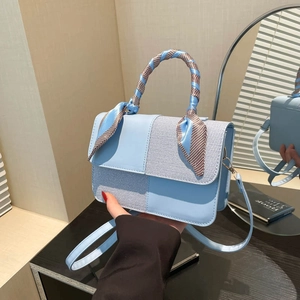 Women Crossbody Bag PU Leather Fabric Patchwork Chic Handbag With Scarf Wrapped Handle And Adjustable Strap Flip Cover