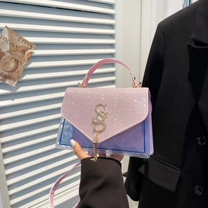 Fashion Women Crossbody Bag Transparent PVC Diamond Quilted Glitter Sequins Flap Tassel Metal Logo Top Handle Handbag