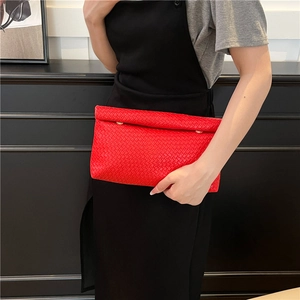 Red woven leather envelope clutch bag with gold metal buckles for casual fashion