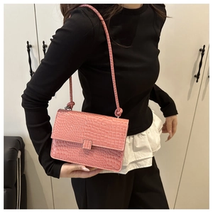 Pink crocodile pattern leather flap bag with stylish square metal buckle detail
