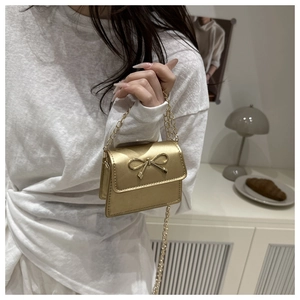 Detail view of champagne gold mini crossbody bag with metal bow buckle and chain strap