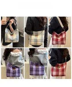 Collage of checkered tote bags in blue, yellow, red and purple with wide straps