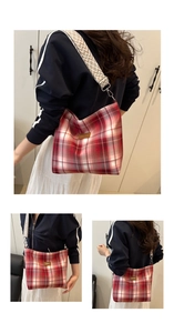 Red plaid canvas shoulder bag with patterned wide strap shown on model from front and back views