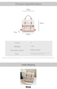 Detailansicht des pink-weißen PU-Rucksacks mit Maßen und verstellbarem Schultergurt