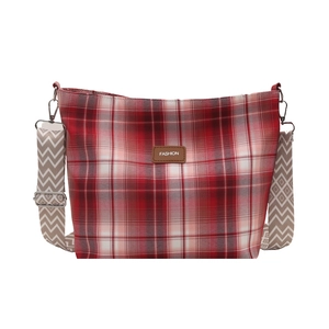 Red plaid tote bag with wide geometric strap and Fashion label on white background
