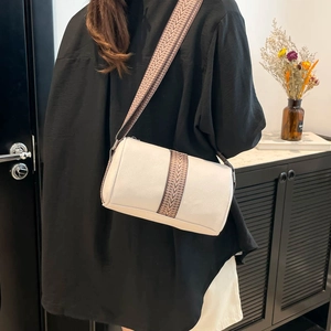 Women Fashion Litchi Pattern PU Leather Barrel Shoulder Bag With Ethnic Geometric Wide Strap Vintage Crossbody Boston Bag