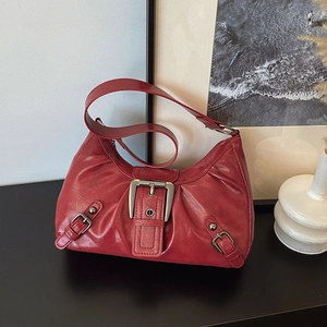 Women Vintage Y2K Underarm Bag PU Leather Hobo Bag With Large Metal Belt Buckle Retro Motorcycle Style Shoulder Bag Party Tote
