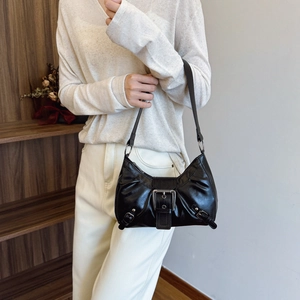 Retro black PU leather underarm bag with silver buckle and Y2K aesthetic motorcycle style