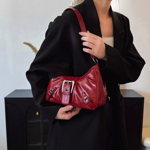 Fashionable dark red faux leather shoulder bag with vintage silver buckle for women