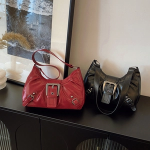 Retro underarm shoulder bags in black and red with silver metal buckles and punk style
