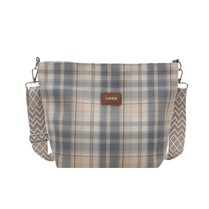 Classic plaid tote bag with wide patterned shoulder strap and fashion leather patch