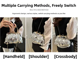 Detailed view showing three ways to wear the sequin evening bag: handbag, shoulder and crossbody