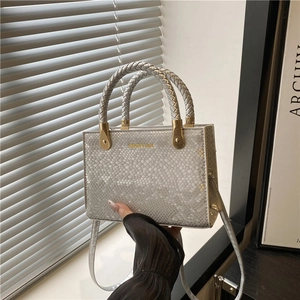 Women Fashion Snake Skin Texture Handbag With Braided Handle Gold Hardware PU Leather Crossbody Shoulder Bag Small Square Bag